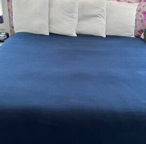 Deer Cabin Lodge Plush Fleece Blanket SZ Double Queen Berkshire Navy Embroidered